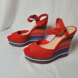Gianni Bini Red Leather Embellished Wedge Sandald Size 9
